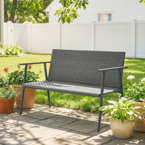 Banc de Jardin 2 places en Résine Tressée, avec Accoudoirs, Dossiers et Pieds Réglables, Structure en Acier Galvanisé, Banc d'Extérieur pour Terrasse Balcon Jardin, Gris