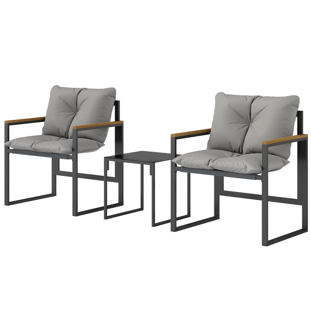 Salon de jardin 3 pièces 2 places avec 2 fauteuils 1 table basse, ensemble de jardin avec plateau en verre trempé et coussins épais, métal et textilène, pour patio, balcon, terrasse, gris