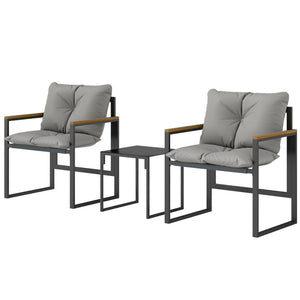Salon de jardin 3 pièces 2 places avec 2 fauteuils 1 table basse, ensemble de jardin avec plateau en verre trempé et coussins épais, métal et textilène, pour patio, balcon, terrasse, gris
