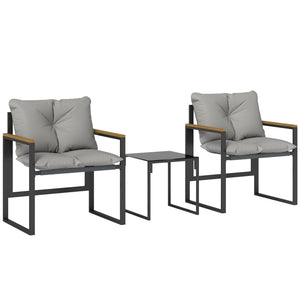 Salon de jardin 3 pièces 2 places avec 2 fauteuils 1 table basse, ensemble de jardin avec plateau en verre trempé et coussins épais, métal et textilène, pour patio, balcon, terrasse, gris