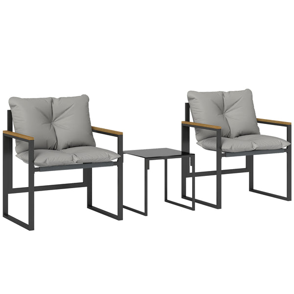 Salon de jardin 3 pièces 2 places avec 2 fauteuils 1 table basse, ensemble de jardin avec plateau en verre trempé et coussins épais, métal et textilène, pour patio, balcon, terrasse, gris