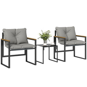 Salon de jardin 3 pièces 2 places avec 2 fauteuils 1 table basse, ensemble de jardin avec plateau en verre trempé et coussins épais, métal et textilène, pour patio, balcon, terrasse, gris