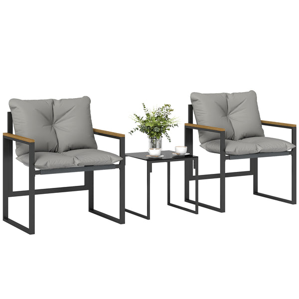 Salon de jardin 3 pièces 2 places avec 2 fauteuils 1 table basse, ensemble de jardin avec plateau en verre trempé et coussins épais, métal et textilène, pour patio, balcon, terrasse, gris