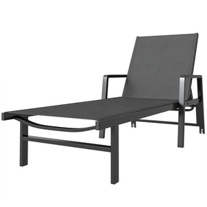 Chaise Longue Jardin Réglable à 4 Positions avec Roues et Accoudoirs, en Textilène et Aluminium, Bain de Soleil pour Terrasse Piscine Jardin Plage, 65x189x80cm, Gris Foncé