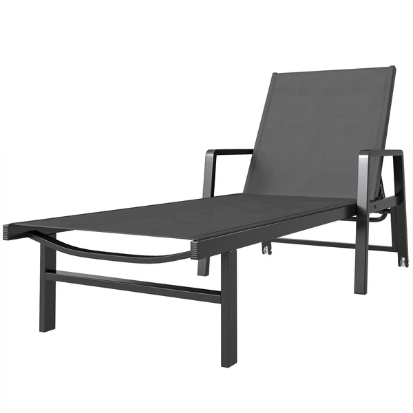 Chaise Longue Jardin Réglable à 4 Positions avec Roues et Accoudoirs, en Textilène et Aluminium, Bain de Soleil pour Terrasse Piscine Jardin Plage, 65x189x80cm, Gris Foncé