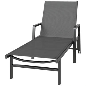 Chaise Longue Jardin Réglable à 4 Positions avec Roues et Accoudoirs, en Textilène et Aluminium, Bain de Soleil pour Terrasse Piscine Jardin Plage, 65x189x80cm, Gris Foncé