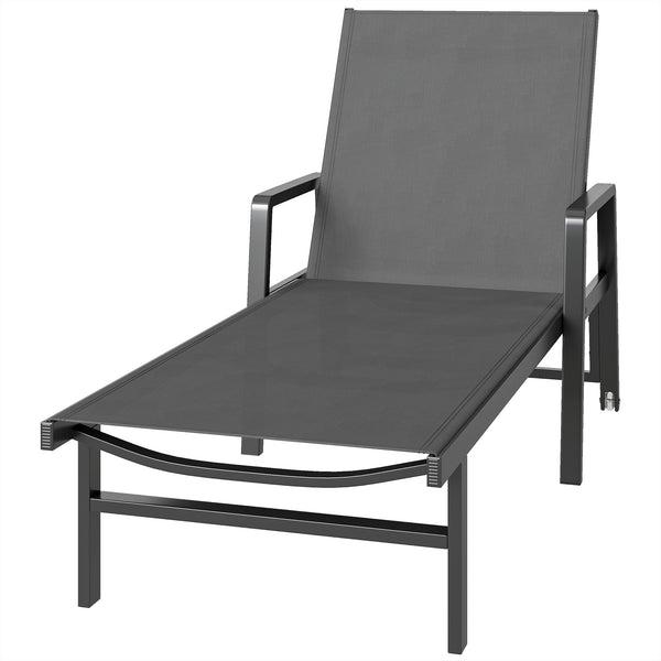 Chaise Longue Jardin Réglable à 4 Positions avec Roues et Accoudoirs, en Textilène et Aluminium, Bain de Soleil pour Terrasse Piscine Jardin Plage, 65x189x80cm, Gris Foncé