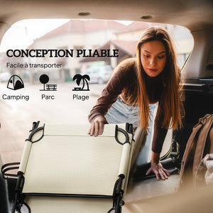 Lot de 2 transats bains de soleil pliable avec dossier inclinable 4 positions - appui-tête et Matelas épais ultra confortable - tissu textilène et acier, crème