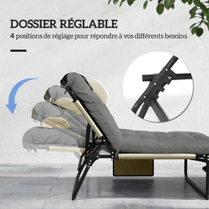 Lot de 2 transats bains de soleil pliable avec dossier inclinable 4 positions - appui-tête et Matelas épais ultra confortable - tissu textilène et acier, crème
