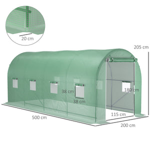 Serre de Jardin Tunnel Surface Sol 10 m² 5L x 2l x 2,05H m châssis Tubulaire renforcé Porte zippée 8 fenêtres enroulables Vert