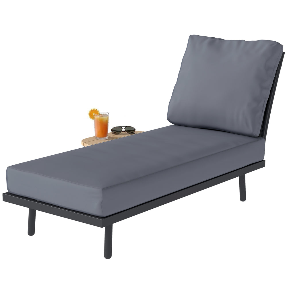 Chaise Longue de Jardin avec Coussins Lavables en Oléfine et Étagère Latérale, Cadre en Métal, Bain de Soleil pour Jardin et Terrasse, Gris