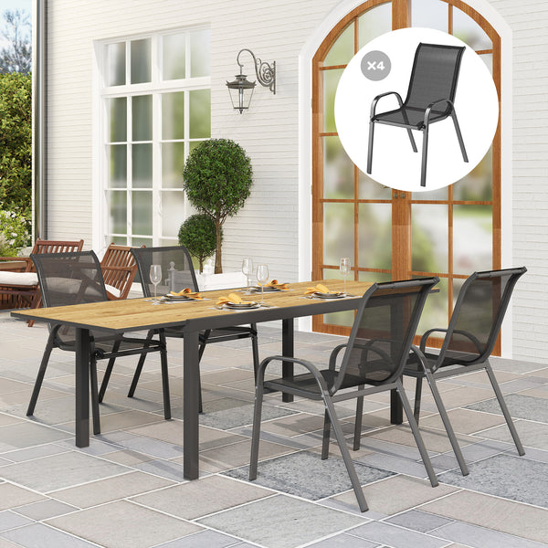 Lot de 4 chaises de jardin, chaises empilables, dossier haut incliné, tissu en maille respirante, cadre en acier, noir