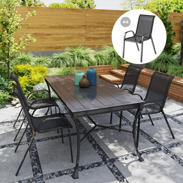 Lot de 4 chaises de jardin, chaises empilables, dossier haut incliné, tissu en maille respirante, cadre en acier, noir