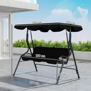 Balancelle de Jardin 3 Places Toit imperméabilisé Inclinaison réglable Coussins Assise Dossier 1,7L x 1,1l x 1,53H m Acier Polyester Noir