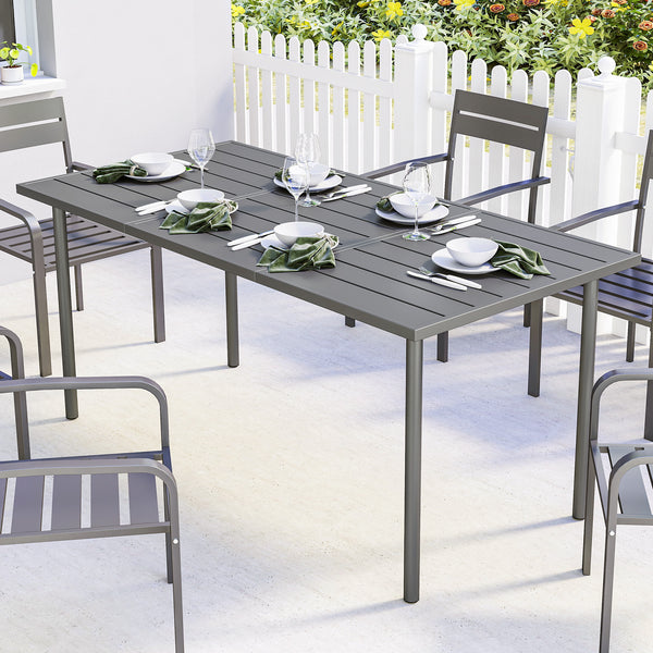 Table de jardin pour 6 personnes, 165 x 80 cm, table à manger extérieure rectangulaire avec plateau à lattes en métal, mobilier de patio tout temps pour balcon, terrasse, gris foncé