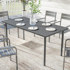Table de jardin pour 6 personnes, 165 x 80 cm, table à manger extérieure rectangulaire avec plateau à lattes en métal, mobilier de patio tout temps pour balcon, terrasse, gris foncé