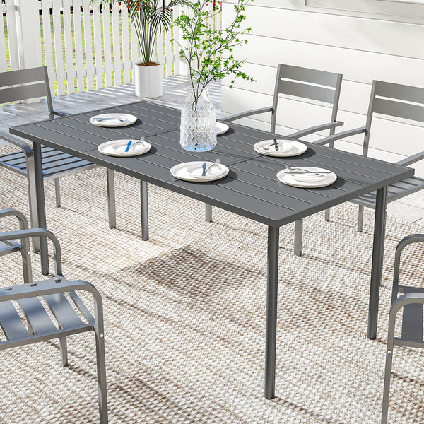 Table de jardin pour 6 personnes, 165 x 80 cm, table à manger extérieure rectangulaire avec plateau à lattes en métal, mobilier de patio tout temps pour balcon, terrasse, gris foncé