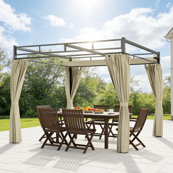 Pergola de Jardin 3x3m avec Toit Rétractable - Tonnelle de Jardin Extérieur Acier Renforcé avec 4 Rideaux - Pavillon Colonnes 60mm et Protection UV30+ pour Terrasse et Cour, Beige