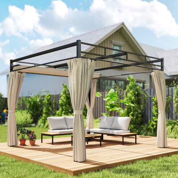 Pergola de Jardin 3x3m avec Toit Rétractable - Tonnelle de Jardin Extérieur Acier Renforcé avec 4 Rideaux - Pavillon Colonnes 60mm et Protection UV30+ pour Terrasse et Cour, Beige