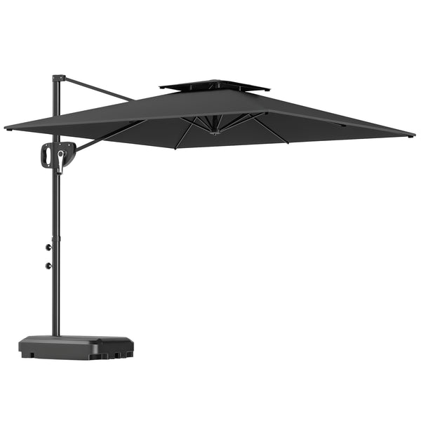 Parasol déporté carré 2,5 x 2,5 m, parasol de jardin extérieur avec manivelle, 2 bases incluses, toile polyester 200 g/m², double toit, 8 baleines, gris foncé