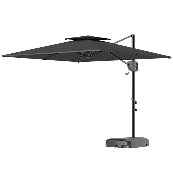 Parasol déporté carré 2,5 x 2,5 m, parasol de jardin extérieur avec manivelle, 2 bases incluses, toile polyester 200 g/m², double toit, 8 baleines, gris foncé