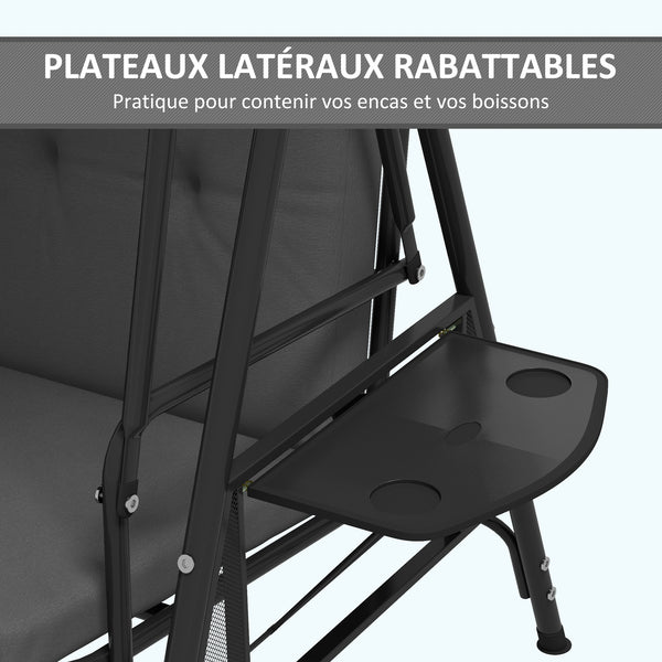 Balancelle de jardin 3 places grand confort inclinaison toit réglable, 2 tablettes latérales, coussins, acier polyester gris foncé