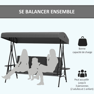 Balancelle de jardin 3 places grand confort inclinaison toit réglable, 2 tablettes latérales, coussins, acier polyester gris foncé