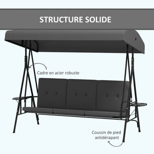 Balancelle de jardin 3 places grand confort inclinaison toit réglable, 2 tablettes latérales, coussins, acier polyester gris foncé