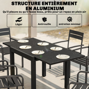Table de jardin extensible en aluminium avec effet bois - table extérieur 4-6 personnes avec rallonge auto-stockée - mobilier de jardin design pour terrasse et balcon, 80-160 x 80 cm, noir