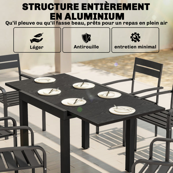 Table de jardin extensible en aluminium avec effet bois - table extérieur 4-6 personnes avec rallonge auto-stockée - mobilier de jardin design pour terrasse et balcon, 80-160 x 80 cm, noir