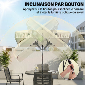 Parasol de jardin Parasol droit rectangulaire inclinable alu métal polyester haute densité 2 x 1,3 m beige clair