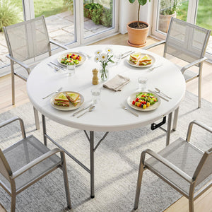 Table ronde de jardin pliante Ø122 cm peut accueillir 6 personnes pour évènement, structure métal, plateau HDPE