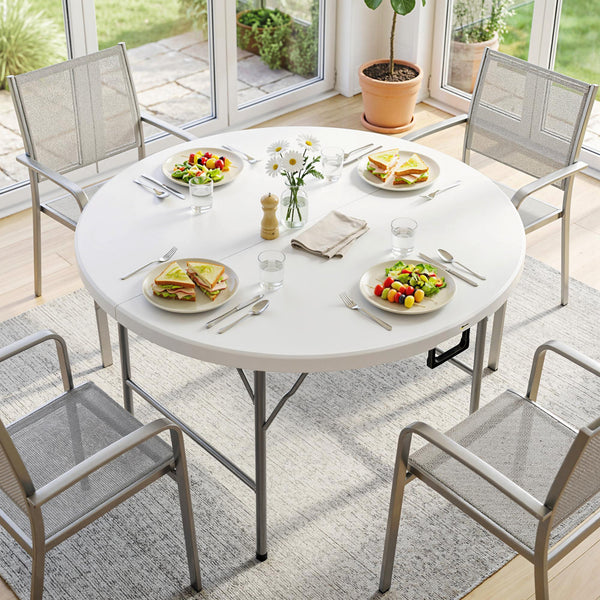 Table ronde de jardin pliante Ø122 cm peut accueillir 6 personnes pour évènement, structure métal, plateau HDPE