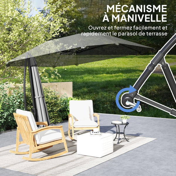 Parasol déporté, parasol de jardin extérieur Inclinable, avec Base, Manivelle, toile polyester 180 g/m², protection UV UPF50+, 304 x 260 x 245 cm, Gris Foncé