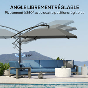 Parasol déporté, parasol de jardin extérieur Inclinable, avec Base, Manivelle, toile polyester 180 g/m², protection UV UPF50+, 304 x 260 x 245 cm, Gris Foncé