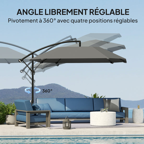 Parasol déporté, parasol de jardin extérieur Inclinable, avec Base, Manivelle, toile polyester 180 g/m², protection UV UPF50+, 304 x 260 x 245 cm, Gris Foncé