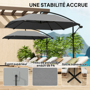 Parasol déporté, parasol de jardin extérieur Inclinable, avec Base, Manivelle, toile polyester 180 g/m², protection UV UPF50+, 304 x 260 x 245 cm, Gris Foncé