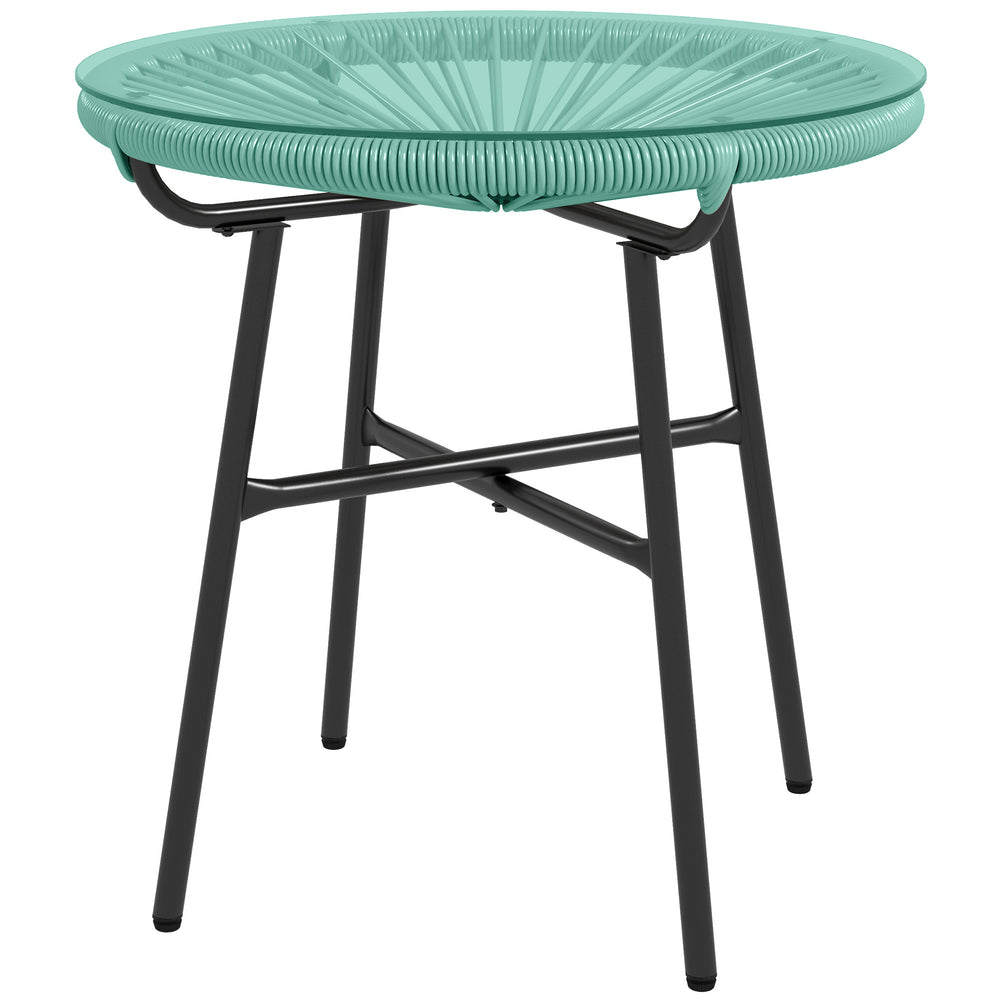 Table basse ronde de jardin en résine aspect rotin métal et plateau verre trempé Ø 50 x 50 cm vert