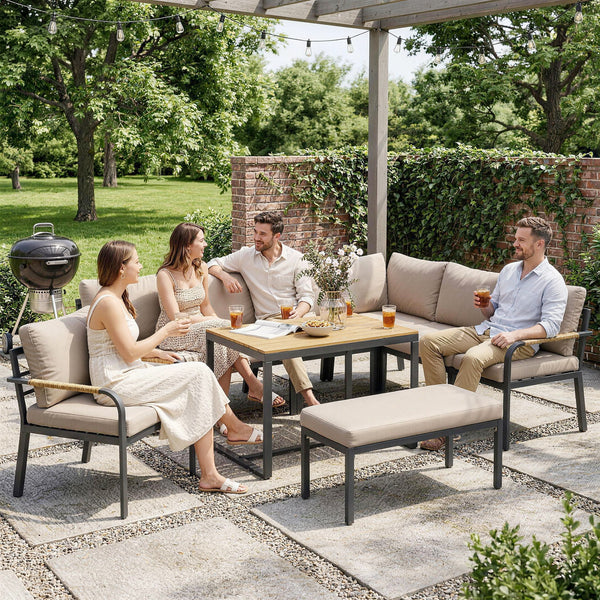 Salon de Jardin 7 Pièces - Ensemble Canapé d'Angle Extérieur Modulable avec Table en WPC et Pouf - Mobilier de Terrasse avec Coussins Épais et Accoudoirs en Résine Tressée, Beige et Gris