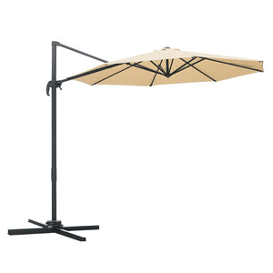 Parasol déporté octogonal inclinable parasol rotatif 360° avec pied en croix 8 beleines manivelle inclus châssis alu. acier Ø 3 x 2,5H m beige