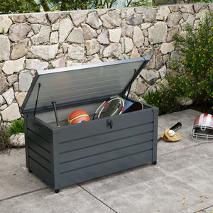 Coffre de rangement extérieur 311L coffre de jardin avec vérin à gaz, roulettes et poignée, en acier galvanisé, 120x62x66 cm, gris