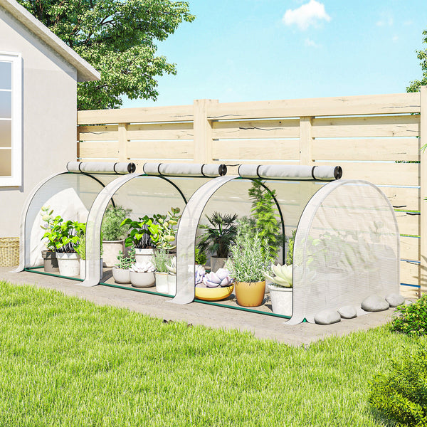 Mini Serre de Jardin Mini Serre Tunnel Serre à Tomates 3 x 1 x 0,8 m Acier Plastique Haute Densité Anti-UV 3 Portes avec Zip Enroulables Blanc