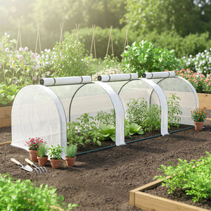 Mini Serre de Jardin Mini Serre Tunnel Serre à Tomates 3 x 1 x 0,8 m Acier Plastique Haute Densité Anti-UV 3 Portes avec Zip Enroulables Blanc