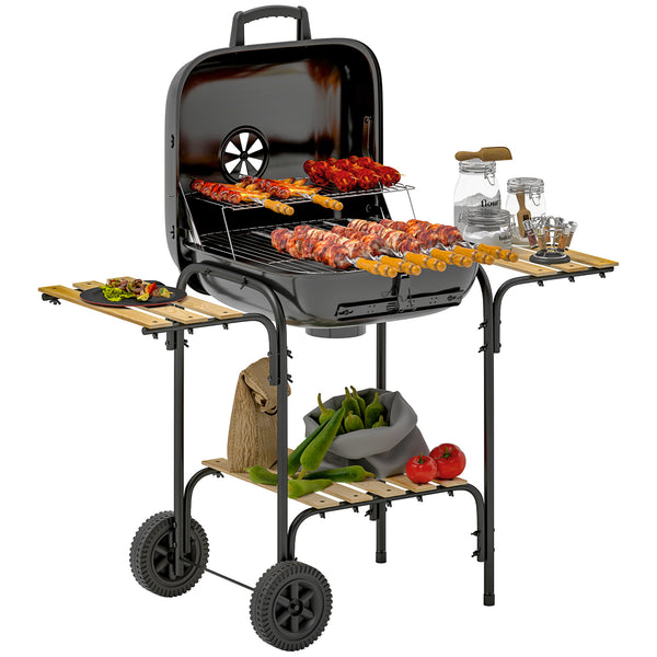 Barbecue charbon de bois chariot de cuisson avec surface de cuisson de 1840 cm², barbecue fumoir portable avec grille, couvercle, étagères et roues, pour camping pique-nique, noir