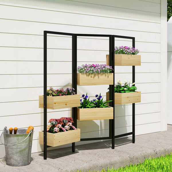 Séparateur de pièce avec 6 bacs à plantes, paravent extérieur pliable à 3 panneaux avec trou de drainage et doublure, pour l'intérieur et l'extérieur, patio, balcon, salon, bois naturel