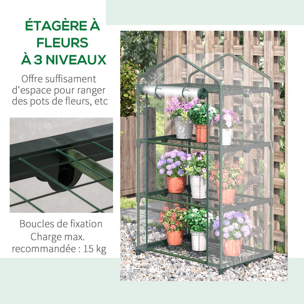 Serre de jardin avec étagères 3 niveaux, serre de balcon, bâche renforcée PVC, châssis en acier, porte zippée enroulable, pour légumes plantes fleurs, 69 x 49 x 125 cm, transparent