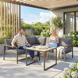 Salon de Jardin Extérieur 3 Pièces 5 Personnes, 2 Canapés avec Coussins Amovibles Épais, 1 Table Basse avec Plateau en Verre, Ensemble de Canapé Extérieur pour Terrasse Balcon, Gris Foncé
