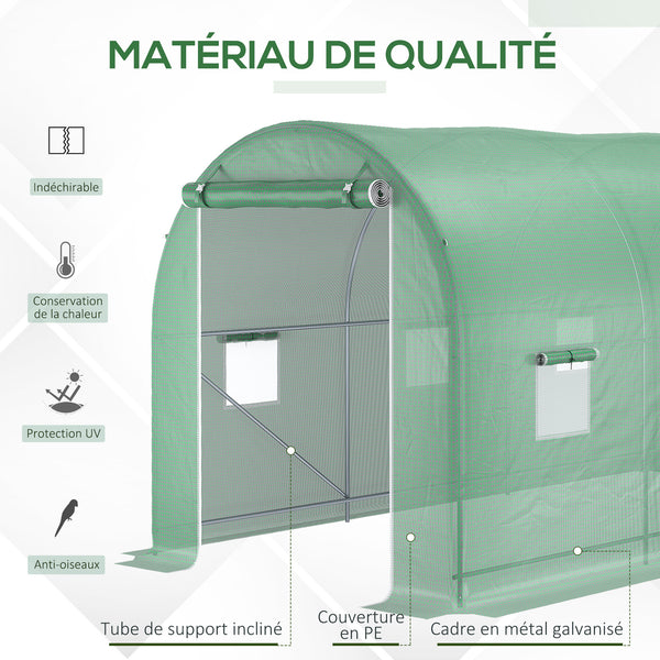 Serre de Jardin Tunnel Surface Sol 8 m² 4L x 2l x 2,05H m châssis Tubulaire renforcé Porte zippée 6 fenêtres enroulables Vert
