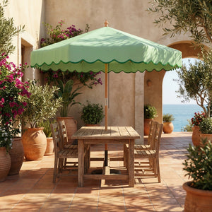 Parasol de Jardin Rond avec Volants - Parasol Terrasse Rétro Chic 230cm Aspect Bois - Protection Solaire UV Extérieur pour Balcon et Mobilier de Jardin, Vert Clair