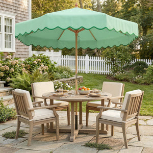 Parasol de Jardin Rond avec Volants - Parasol Terrasse Rétro Chic 230cm Aspect Bois - Protection Solaire UV Extérieur pour Balcon et Mobilier de Jardin, Vert Clair